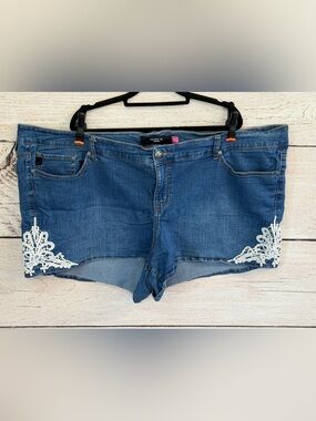 Torrid Blue Denim Jean Shorts with White Lace Accent